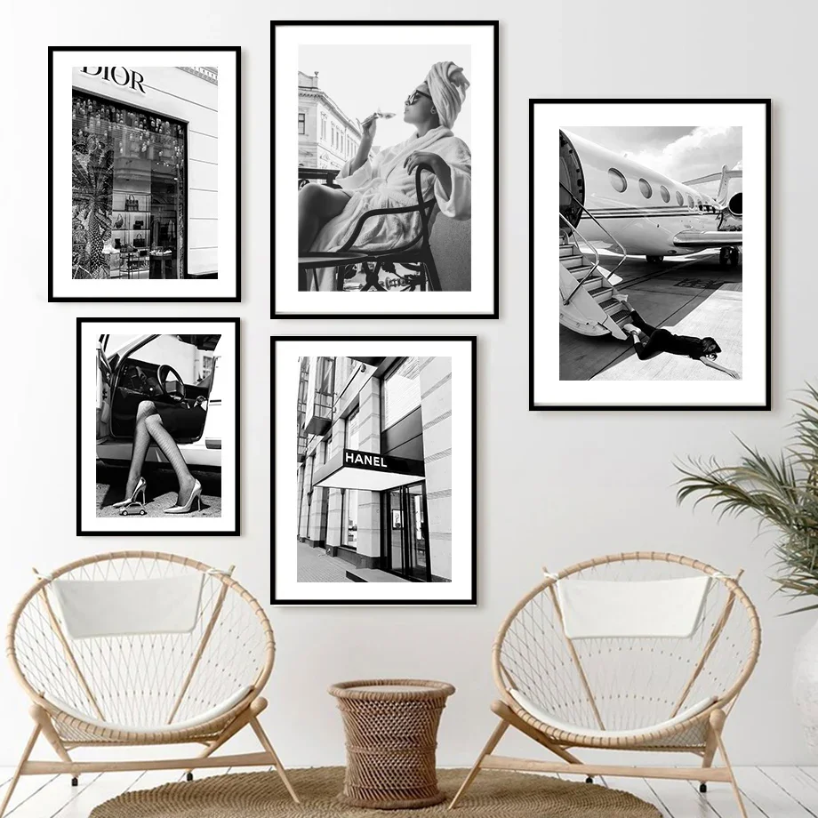 A4 9x13cm 5x7 Photo Frame With Canvas Painting Black White Luxury Fashion Woman Leopard Wine Wall Art Combination Photo Frame