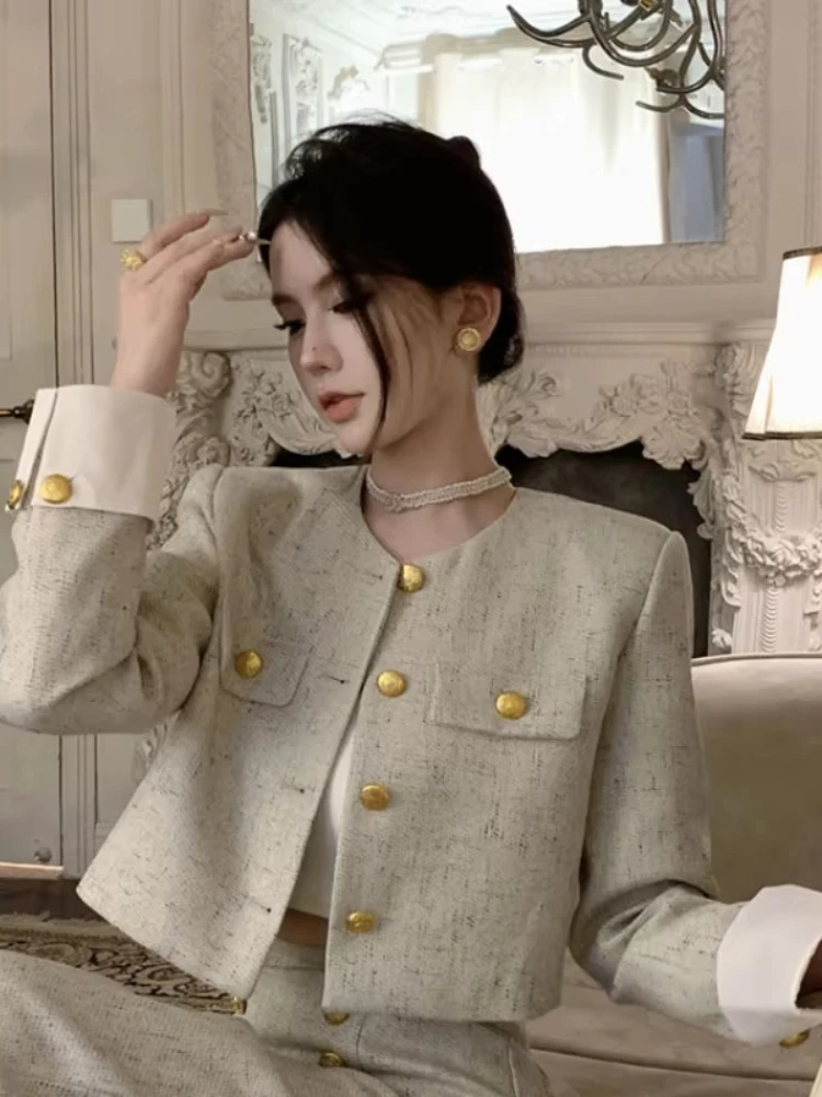 

2025 Spring Autumn Women's Retro Casual Suit Jacket Wide Leg Pants Set Commuting Solid Round Neck Single Breasted Two-piece Sets