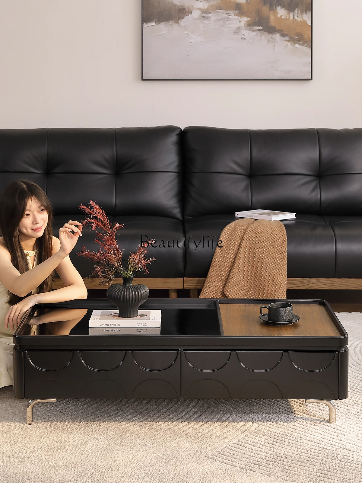 

Black High-End Coffee Table Simple Living Room 2025 Tempered Glass Top Vintage Wabi-Sabi Style Coffee Table