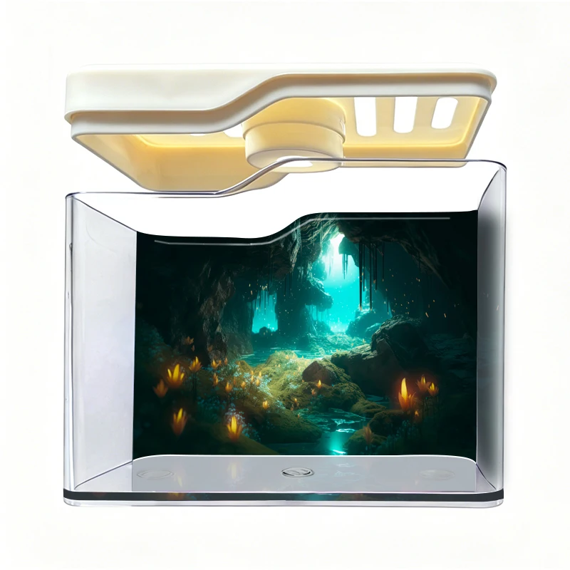 Portable Mini Fish Tank with 3D Cave Background Pattern, Desktop Aquarium, Home & Office Decoration
