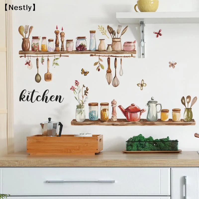 1PC Painted Kitchenware Glass Jar Kitchen Dining Room Home Beautification Decoration Wall Sticker PVC Material〔Nest〕