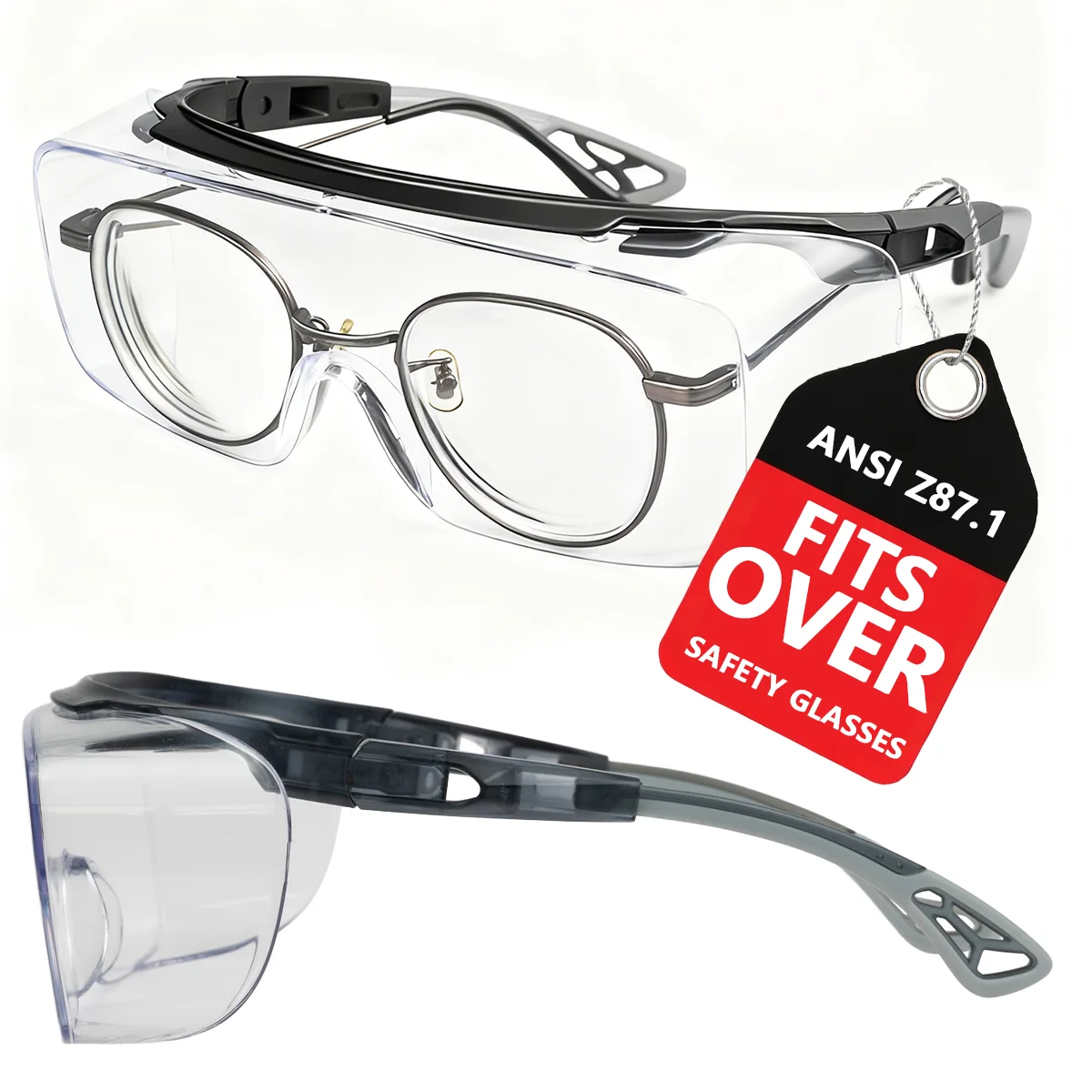 Safety Glasses Over Glasses,ANSI Z87.1 Lenses with Anti-Fog & Scratch,Side Protection, Adjustable Protective  Model HM6