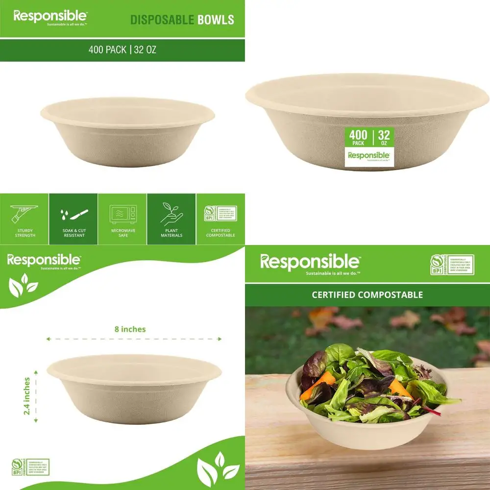 

Экологичные одноразовые бумажные миски, 32 унции, для горячих супов, 400 штук, усиленные, десертного размера, из сахарного тростника и бамбукового волокна