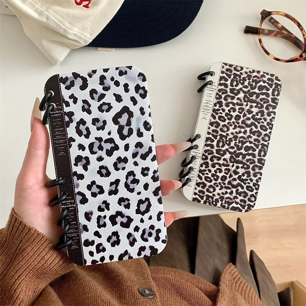 Cute Leopard Pattern Spiral Notebook Style Flip Phone Case for iPhone 16 Pro Max 15 14 13 Crad Slot Holder Stand Leather Cover