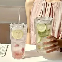1/2pcs 600ml Stripe Glass Cup with Lid and Straw Transparent Drinking Glasses for Juice Water and Iced Coffee Cups Drinkware