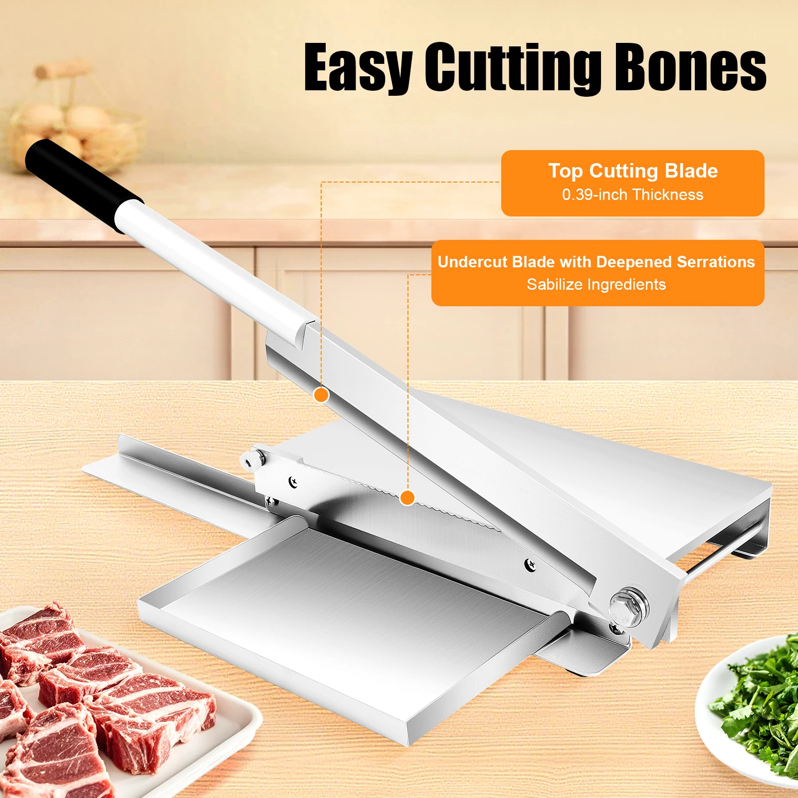 Stainless Steel Bone Cutting Machine 36cm Manual Meat Bone Cutter Heavy Duty Meat Cleaver for Kitchen Butcher with Serrated Blade & Support Foot Vegetable Fruit Meat Chopper Dicer Cutting Machine