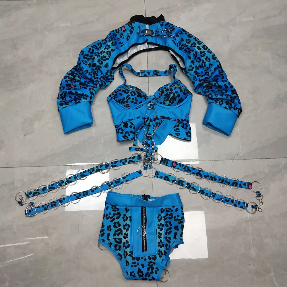 Nightclub Gogo Dance Clothes DJ Singer Concert Sexy Performance Stage Wear Blue Leopard Metal Buckle Bodysuit Drag Queen Costume