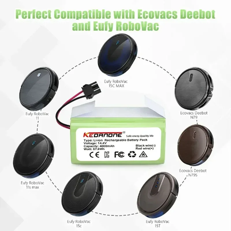 Bateria Li-ion para Ecovacs Deebot, Ecovacs Deebot DN621, 601/605, Eufy RoboVac 35C Panda i7 V710, 1090 990 950 cecotec, 14.4V 2.6Ah