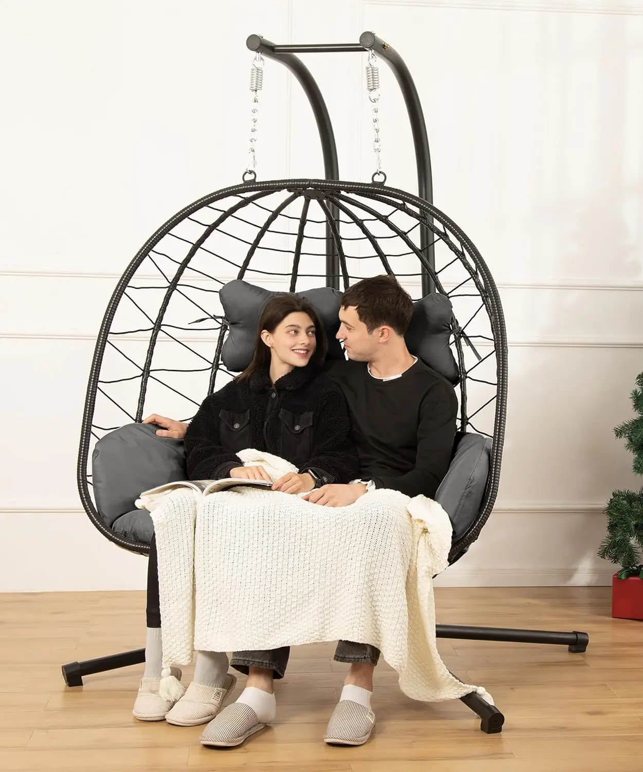 

Double Egg Chair wth Stand Hammock Swing Chair Foldable Hanging Loveseat, UV Resistant Removable Cushions, 700LBS Capacity