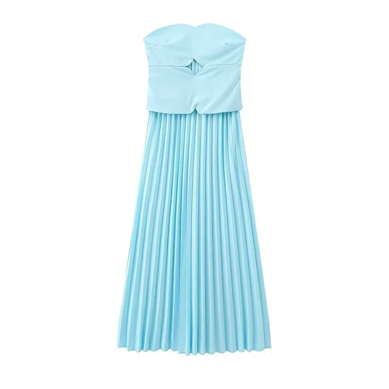 Elegant Blue Off Shoulder Pleated Dress For Women Sleeveless Backless A Line Dresses 2024 Spring New Female Vacation Party Robes