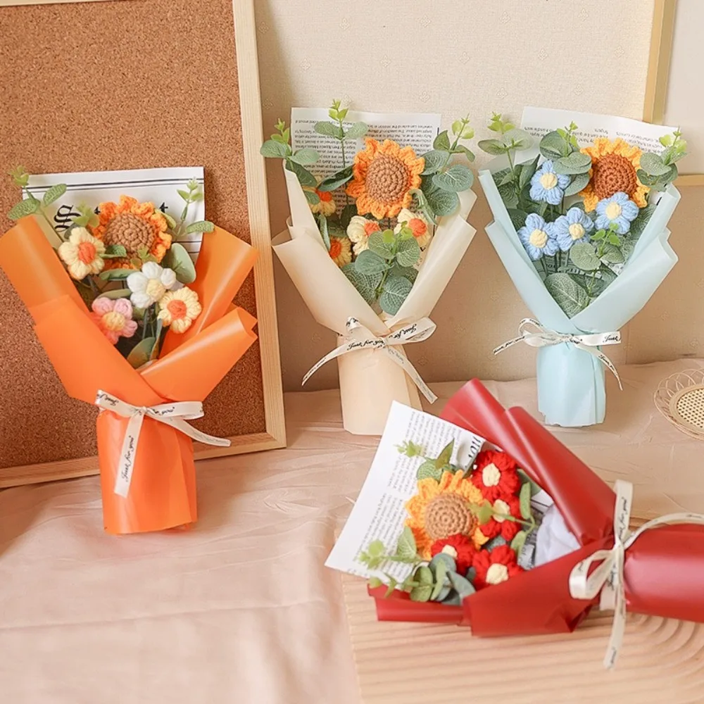 Ramo de flores artificiales de ganchillo, ramo de graduación de flores eternas hecho a mano, regalo de cumpleaños para el día de la madre