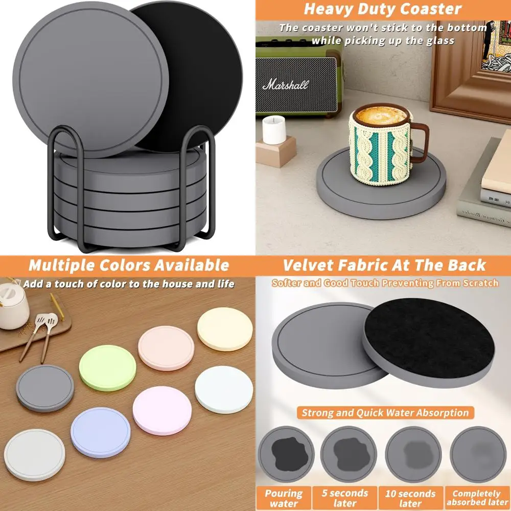 

6 подставок с диатомической землей и держателем, с мягкой бархатной основой, 4-дюймовые серые впитывающие подставки для напитков, толстые сверхмощные подставки