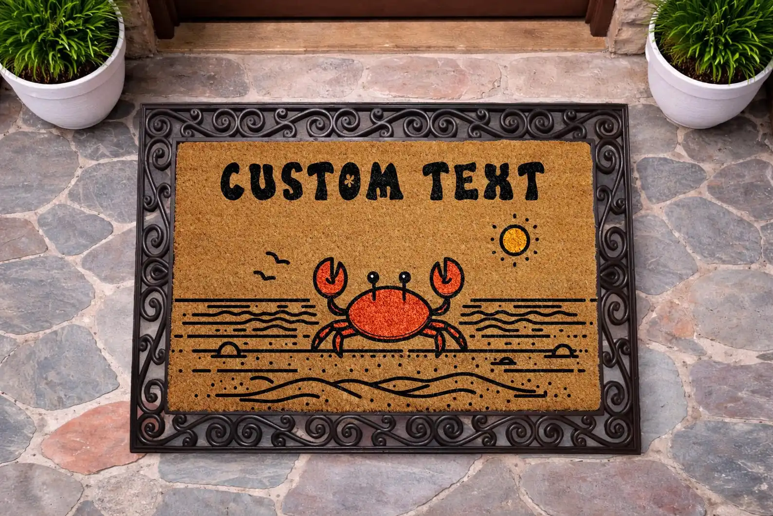 

Custom Crab Beach Doormat Funny Design Personalized Coastal Welcome Mat Summer Beach House Coir Doormat Ocean Outdoor Floor Rug
