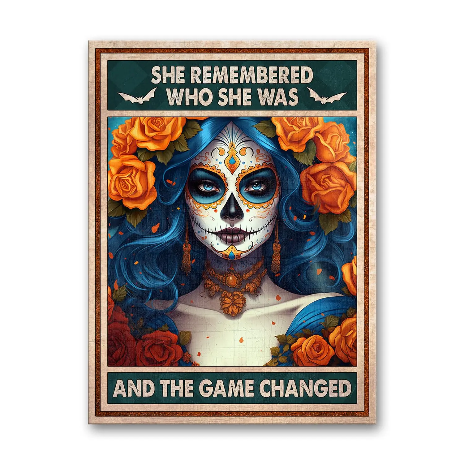 Artsy Woodsy Inspirational Sugar Skull Women She Remembered Who She Was Metal Tin Sign, Dia De Los Muertos Decor for Kitchen Off