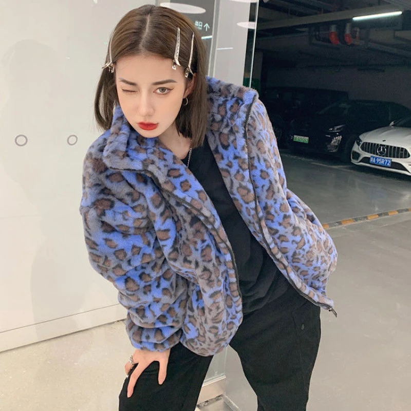 Lautaro Winter Oversized Colorful Leopard Print Faux Fur Coat Women Long Sleeve Zip Up Warm Soft Fluffy Jacket Korean Fashion