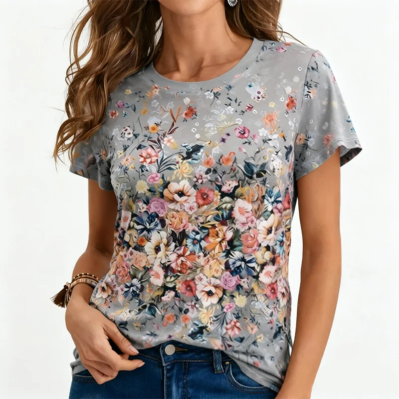

Женская футболка больших размеров, винтажный топ с цветочным принтом, круглым вырезом и короткими рукавами, стильный, простой и универсальный.