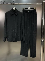 Conjunto de dos piezas para mujer, camisa holgada de manga larga con diamantes de imitación brillantes, pantalones de pierna recta, elegante y pesado, 2024