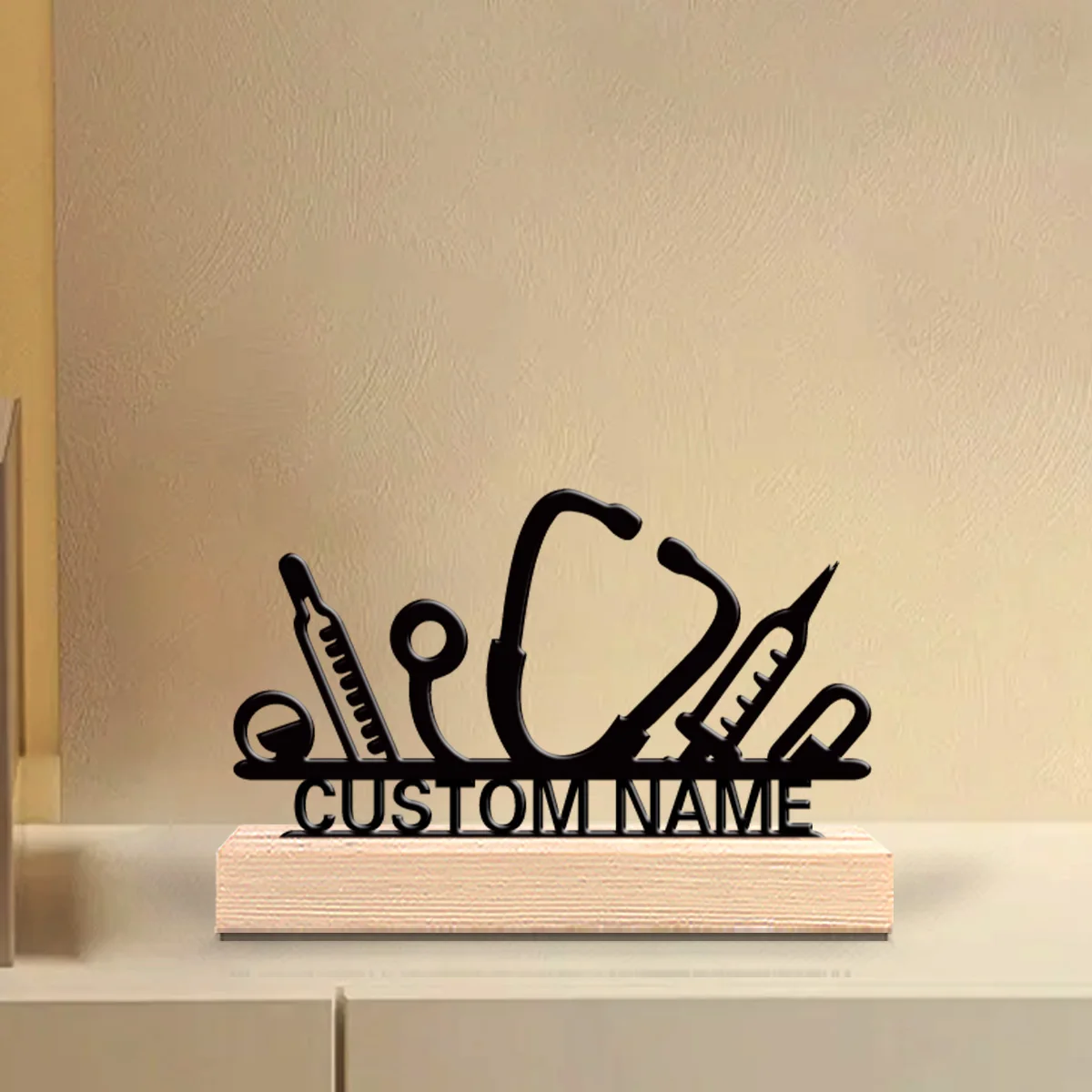1pc stethoscope Custom Letter Metal Statue Iron Ornament Art Figurine With Wood Base Iron Sculpture Bedroom Table