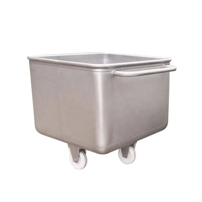 Industrial 200L trolley food grade 304 stainless steel tote bins 100 liters metal meat hopper skip cart with drain