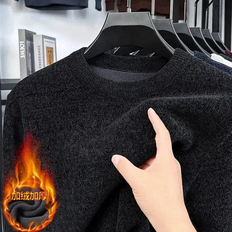 Inverno masculino veludo engrossado em torno do pescoço camisola de meia-idade idosos cor sólida fundo de malha