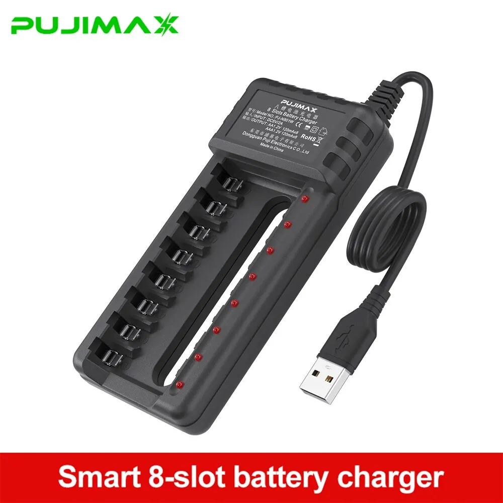 PUJIMAX 8 Slot USB Output Fast Charging Battery Charger Short Circuit Protection Suitable For AA/AAA/Nimh Rechargeable Batteries