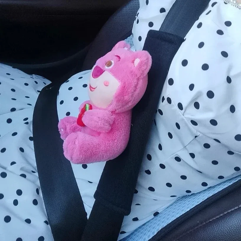 MINISO Disney Strawberry Bear Car Cartoon Plush Seat Belt Shoulder Protector Shoulder Strap Cover Anti-wear Clothes Accessories