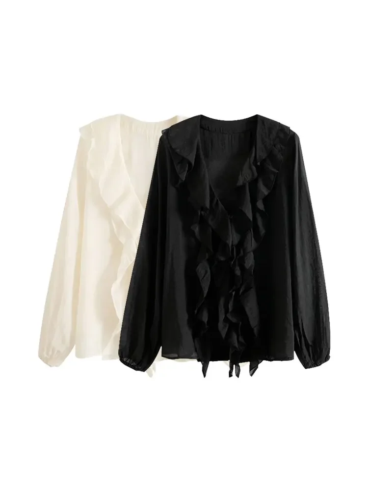 

GELITAYIN Women's Fashion Ruffled Button-Up Shirt V-Neck Long Puff Sleeve Blouse Chic Top Female Clothing