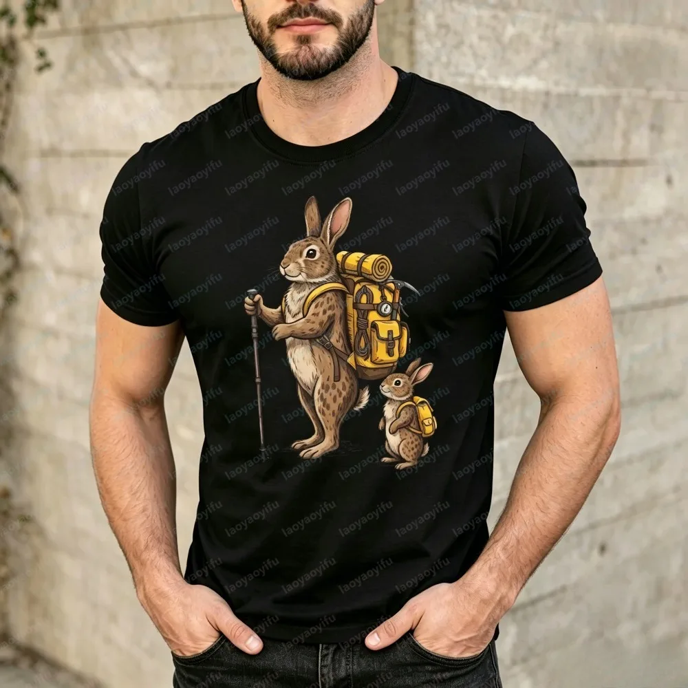 Summer Short Sleeve Men T Shirt Fashion Vintage Woodland Backpack Rabbit Graphic Tee Hiking Bunny Family Art Soft Casual Guy Top