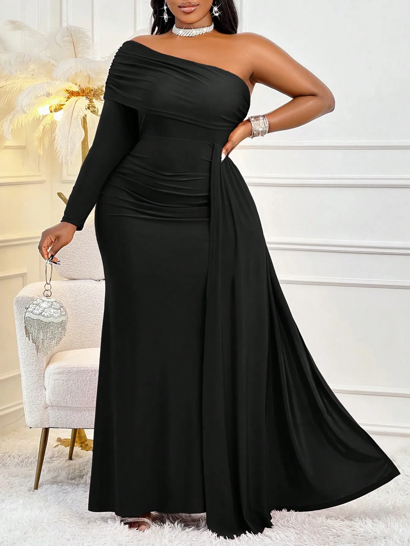 

Black Asymmetrical One-Shoulder Long Sleeve Maxi Dress for Evening Party