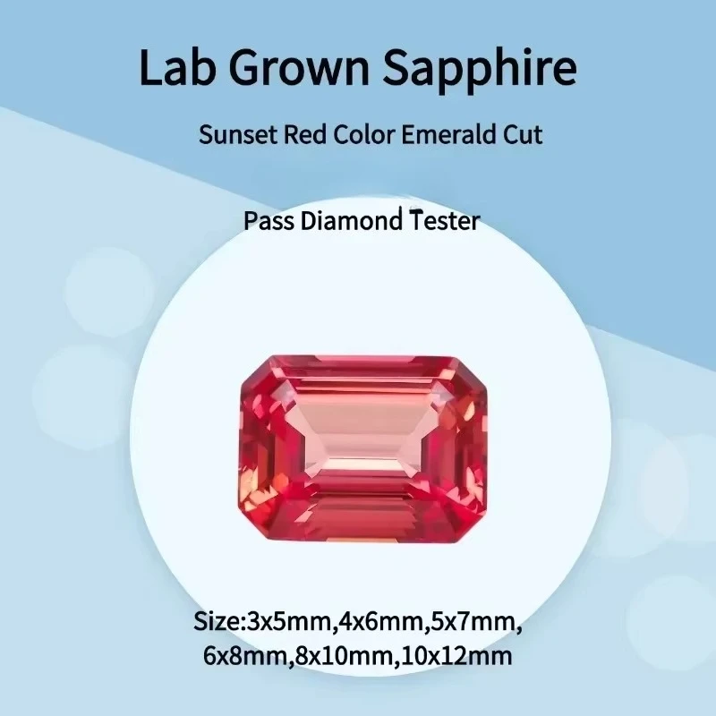 Emerald Cut Sunset Red Color Lab Grown Sapphire Loose Gemstone Selectable Certificate For Jewelry Diy Making