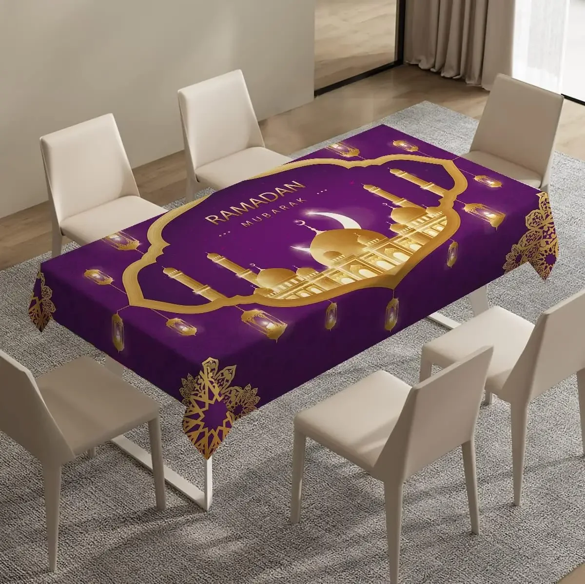 Enchanting Ramadan Mubarak Decorative Tablecloth, Illuminated Moon and Lantern Print for Islamic Holiday Home and Dining Decor