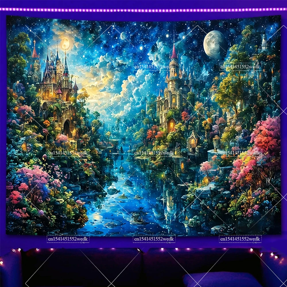 Fairy Tale Castle Blacklight Tapestry UV Reactive Neon Forest Landscape Black Light Tapestry Glow In The Dark Wall Art Decor