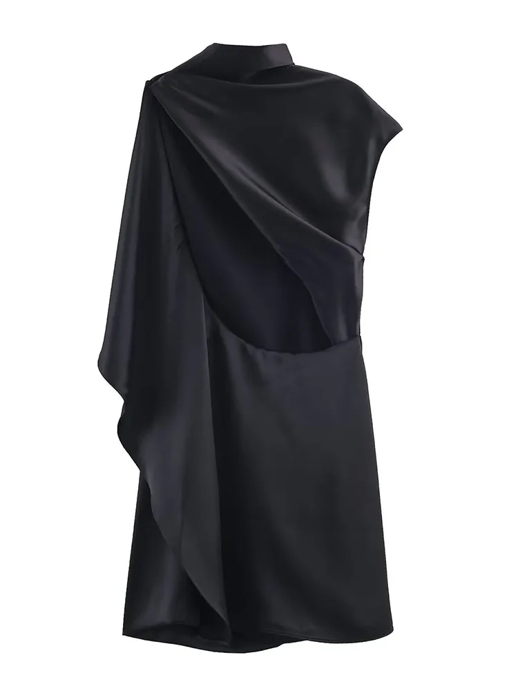 HH Women 2026 Letnia Nowa Kolekcja Asymetryczna Sukienka z Wycięciami Krótka Plisowana Sukienka Damska z Wysokim Kołnierzem Bez Rękawów Seksowna Dopasowana Sukienka