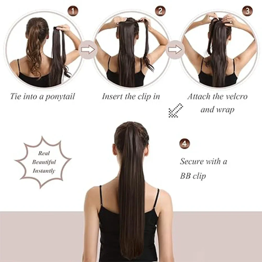 Synthetic Long Straight Wrap Around Clip In Ponytail Hair Extension Heat Reistan Pony Tail Fake Hair