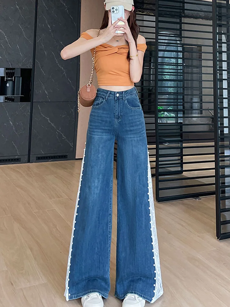 

Джинсы с полым кружевом для женщин, лето 2025 года, тонкие грушевидные фигурки, сексуальные сладкие и пряные гвозди, широкие расклешенные брюки, джинсы