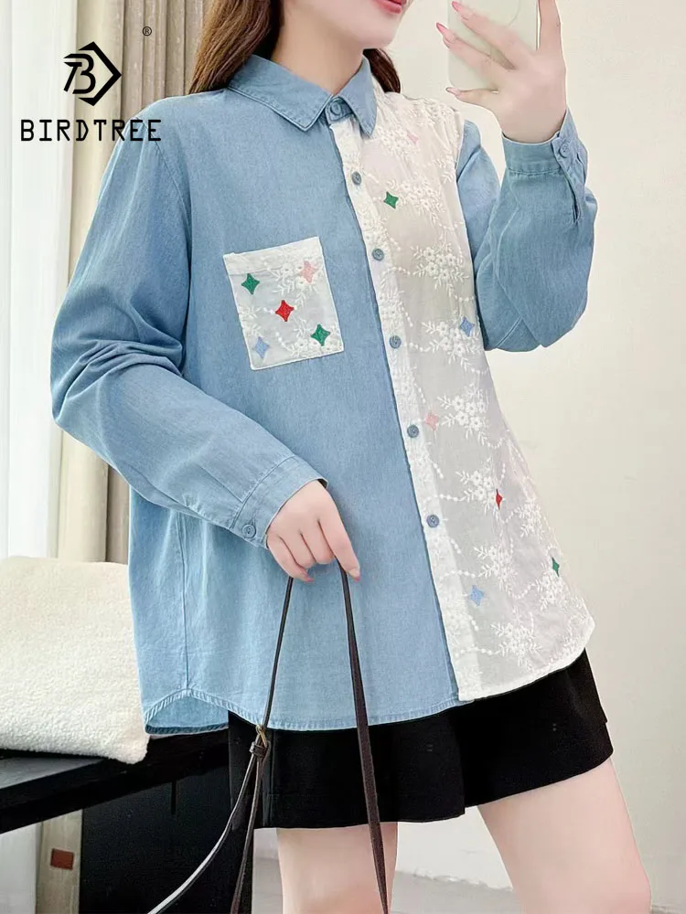 New 2026 Autumn Women Denim Long Sleeve Shirt, Lapel Embroidery Patchwork, Mori Girl Design Sense Commute Loose Blouse T68224CC