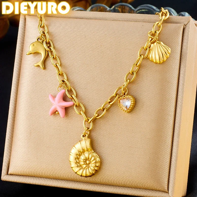 DIEYURO 316L Stainless Steel Marine Style Sea Star Golden Conch Pendant Necklace Girl New Fashion Trend Neck Jewelry Gift Joyas