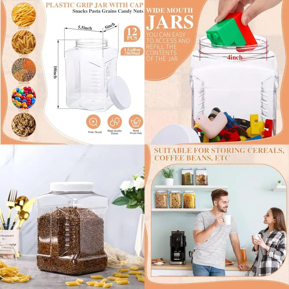 

1 Gallon Plastic Grip Jar with Clear Storage Containers, Multi-Use Empty Containers for Household, Dried Food, and Kitchen Ferme