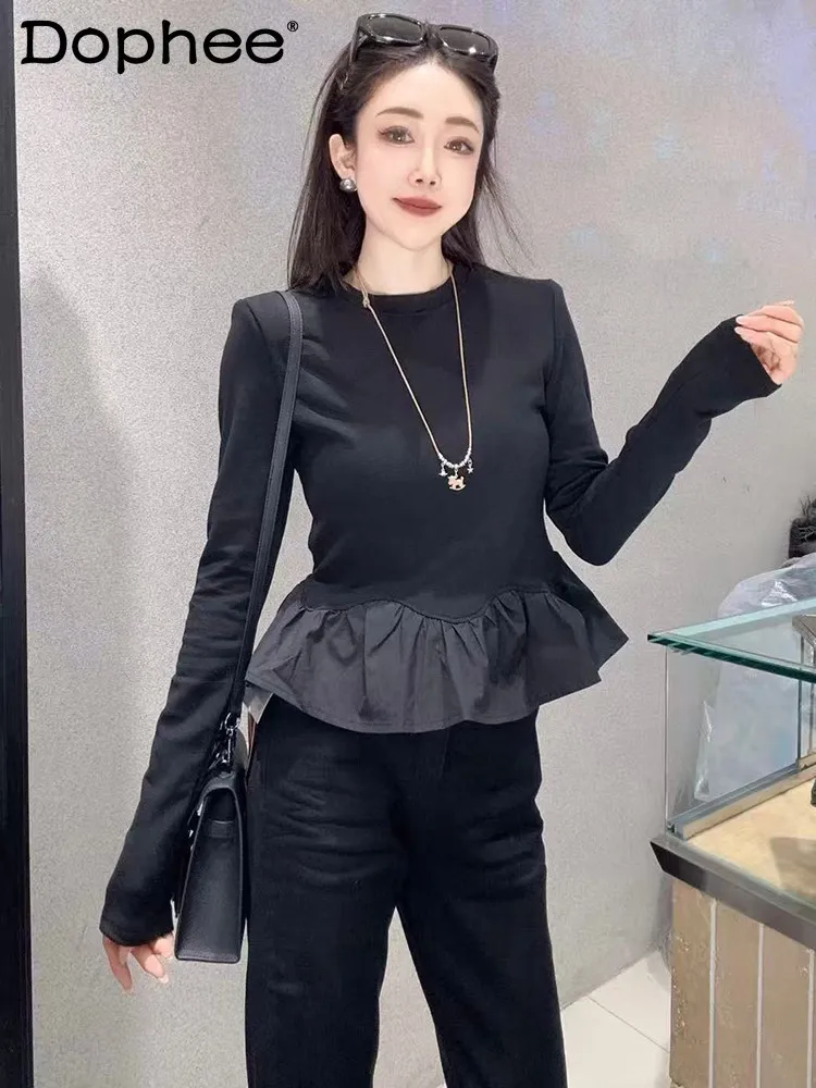 

Корейский стиль, милая женская блузка с рюшами и длинным рукавом, универсальная футболка с круглым вырезом, модная новинка весны 2026 для женщин