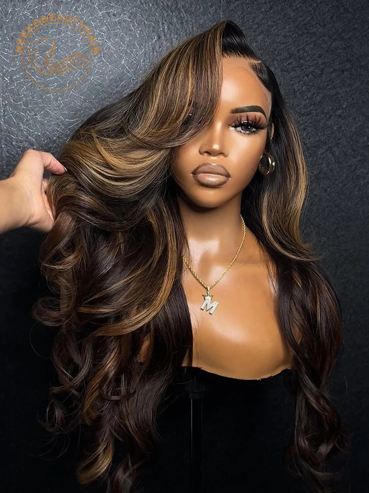 Honey Blonde Highlight Wig Human Hair 13x6 Transparent Lace Frontal Wigs Pre Plucked Ombre Brown 4X4 Closure Wig For Women