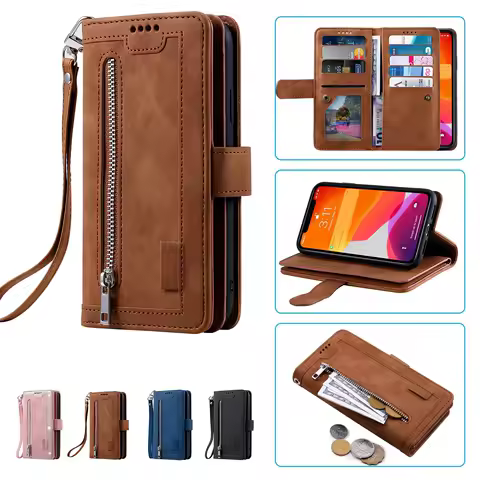 Multi 9-Card Zipper Wallet Case For Xiaomi POCO X7 X5 X4 X3 Pro F6 F5 F4 F3 Retro Leather Lanyard Wrist Strap Book Flip Cover
