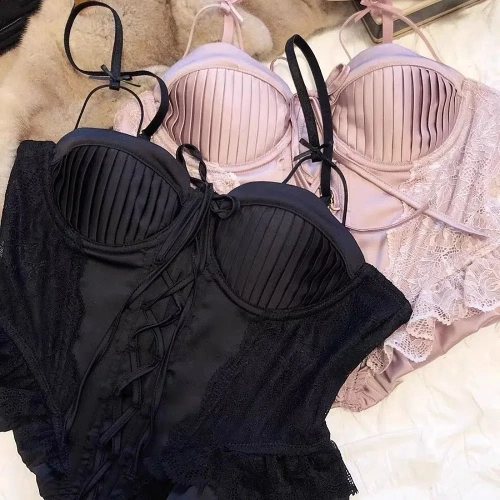 Solid Color French Style Lace Up Vest Top Close-fitting Spaghetti Strap Satin Corset Top Wrinkle Canisole Fishbone Vest Bar