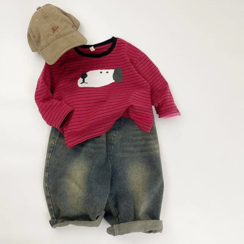 

Детская футболка с длинными рукавами, осень 2022, новый продукт, топ с мультяшным принтом, полосатая базовая рубашка, повседневная повседневная рубашка