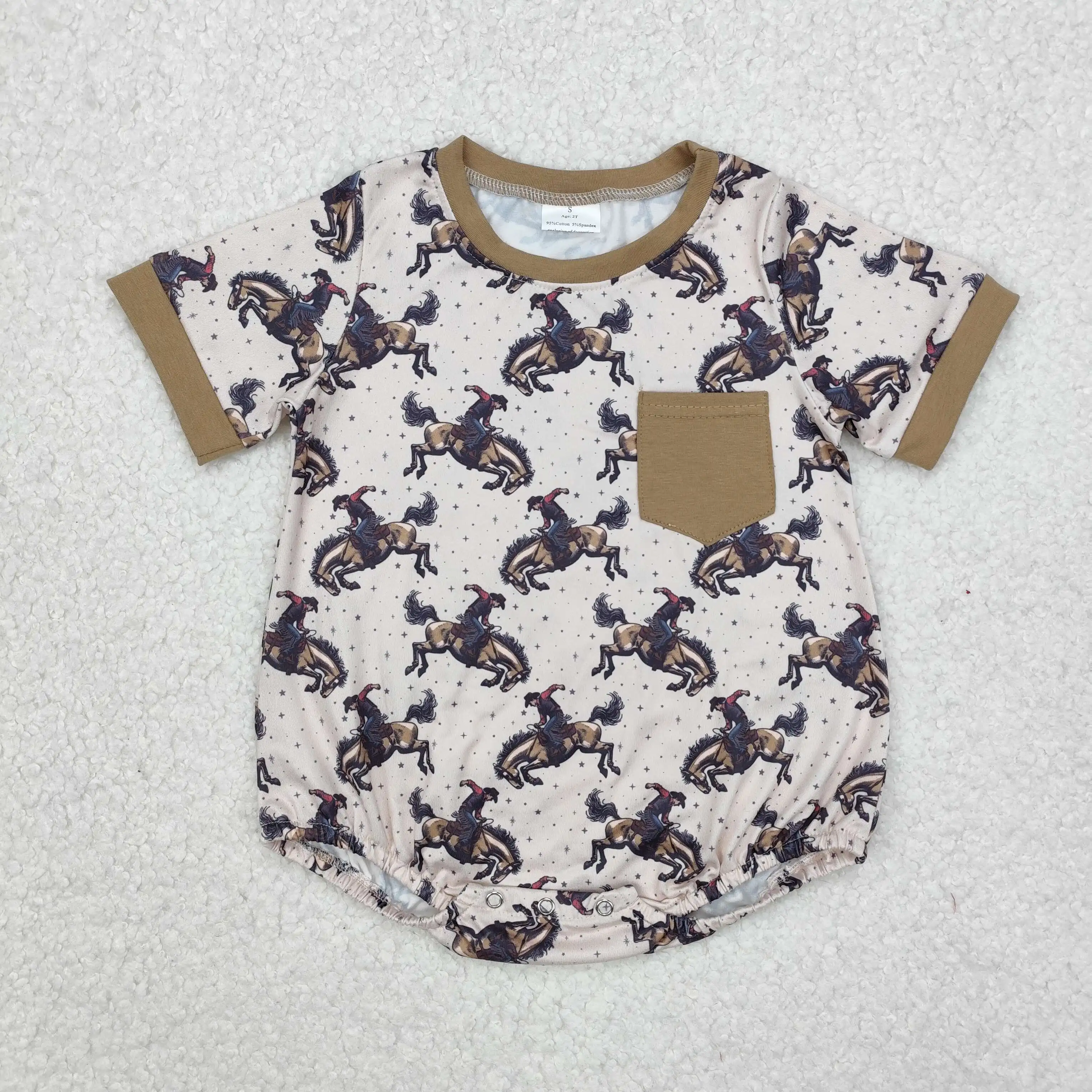 Western clothes Unisex Modal Brown horse pocket print Romper High Quality long Sleeve baby romper