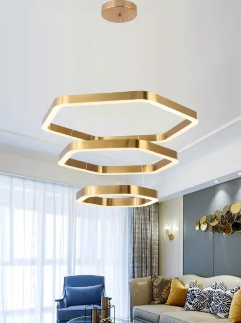 Postmodern minimalist villa chandelier gold hexagonal hollow creative Hong Kong style living room lighting fixture