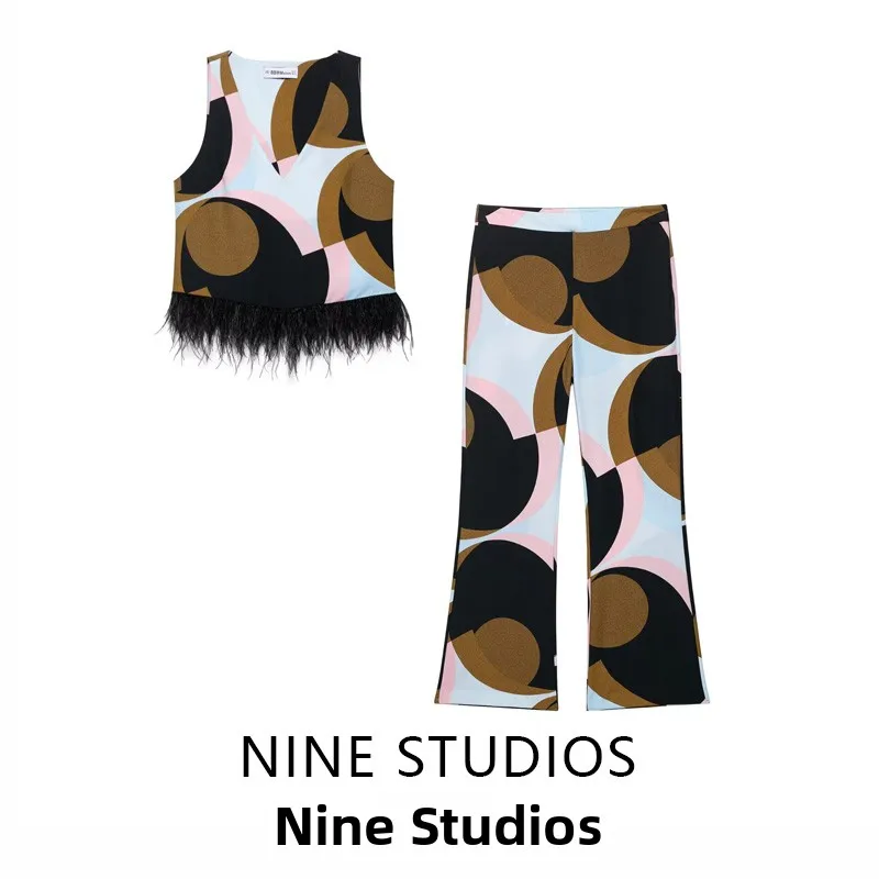 

NINE ZA Women's Faion Set with Feather Print Top Vest And Flared Pants ort Sve round Ne Overhead Sle