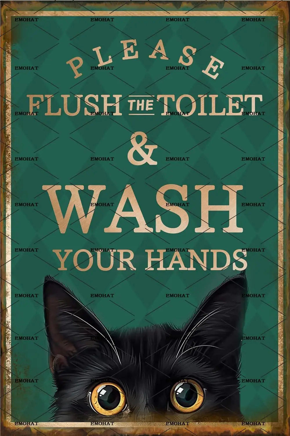 EMOHAT Metal Aluminum Plaque Sign Decoration Funny Black Cat Please Flush Toilet Wash Your Hands Cute Sign Home Bathroom Restroo