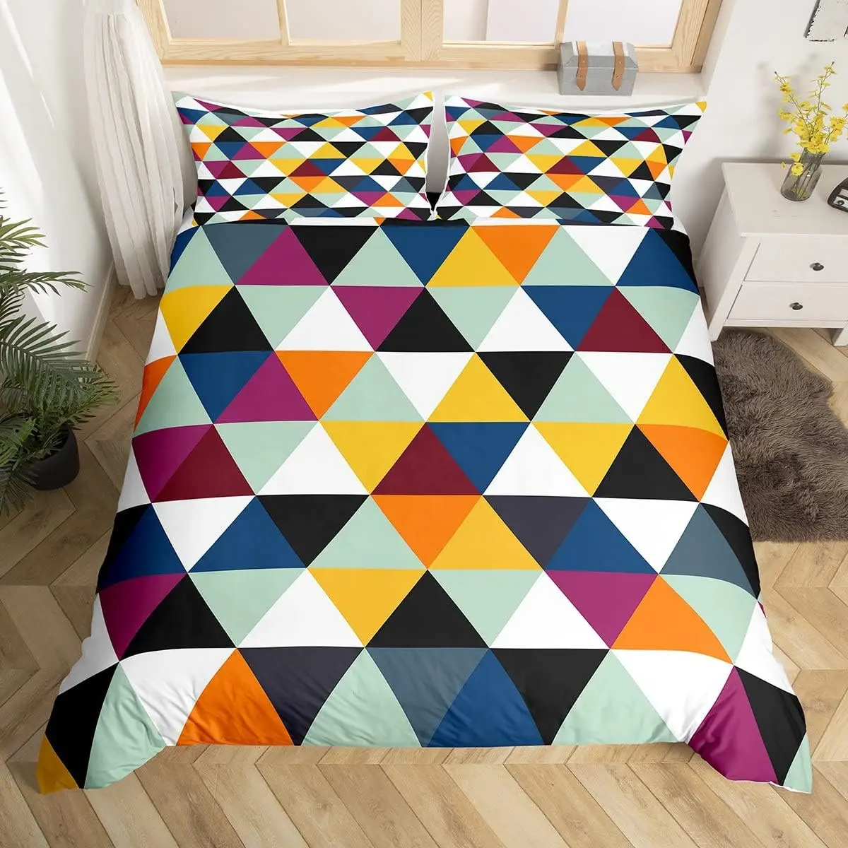 Geometric Triangle Duvet Cover Geometry Patchwork Bedding Set Twin, Geometry Art Stripes Diamond Comforter Cover For Kids Boys