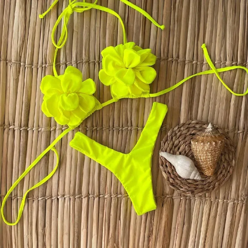 Sexy Floral Micro Bikini 2024 Women Swimsuit Female Swimwear Thong Yellow Bikinis Set Brazilian Beach Wear Bathing Suit Biquini