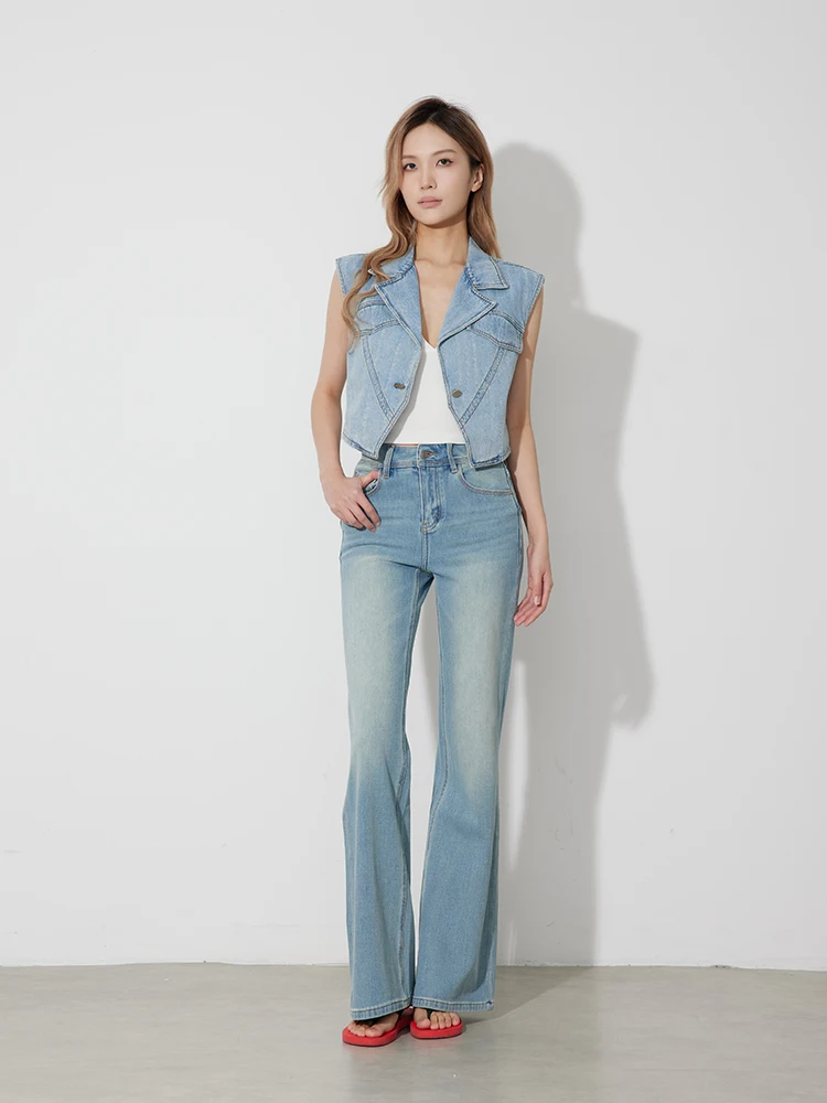 

High Waist Women's Slim Fit Bell Bottom Jeans RUGOSAM RB0740 Cotton Distressed Denim Spring New Arrival Ladies Jeans